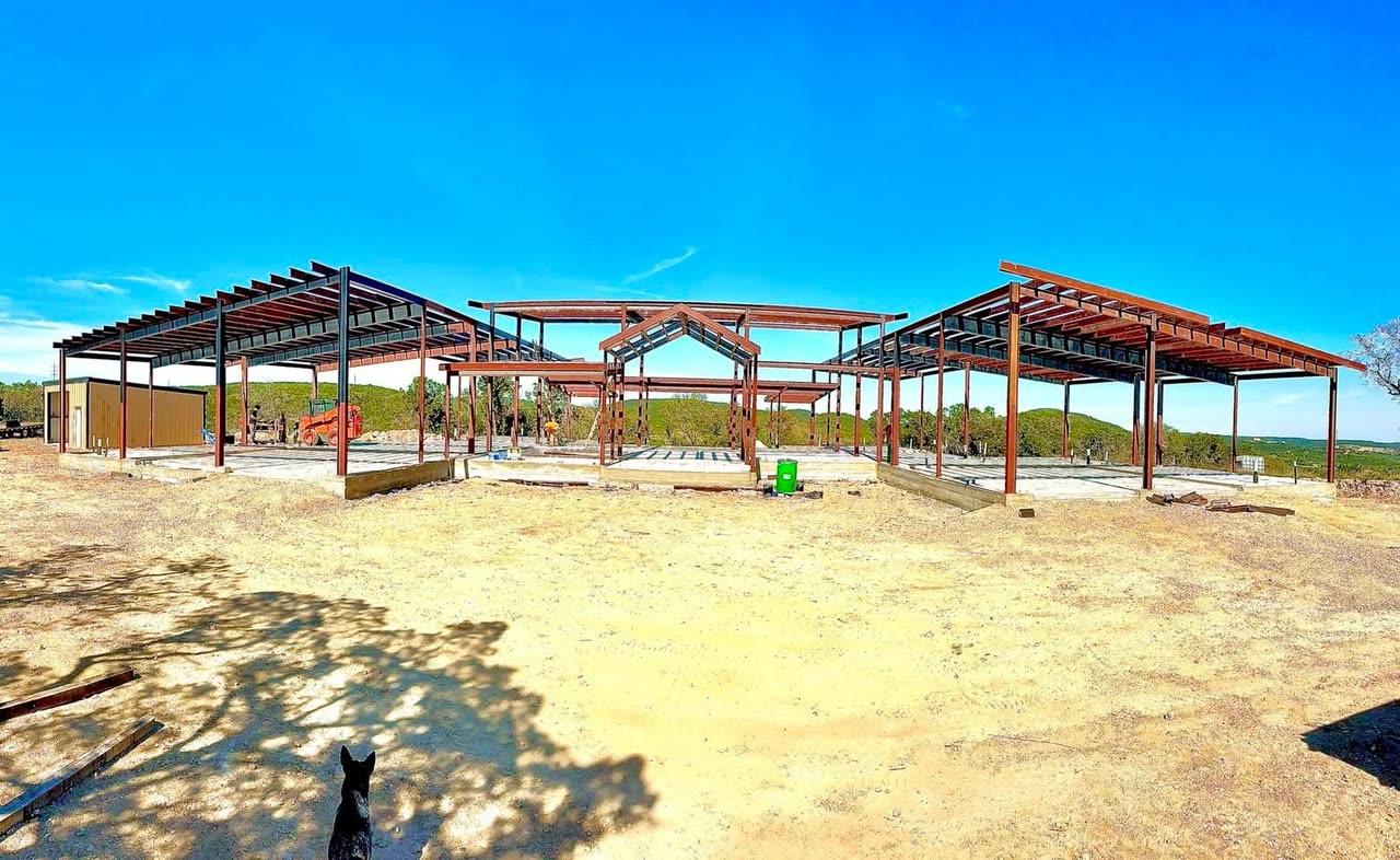 Custom welded structural steel frame, commercial build, Central Texas