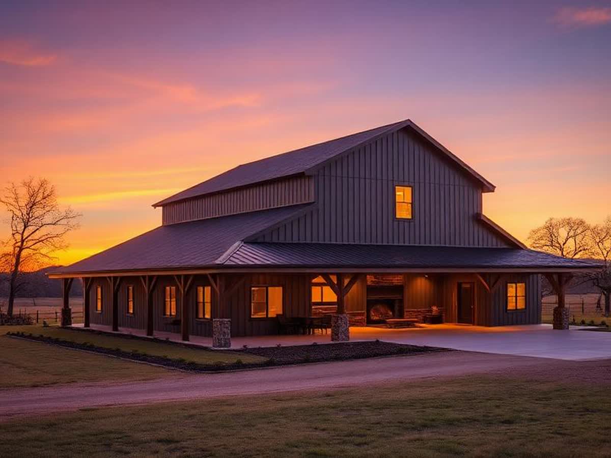Custom barndominium shell at sunset, Central Texas