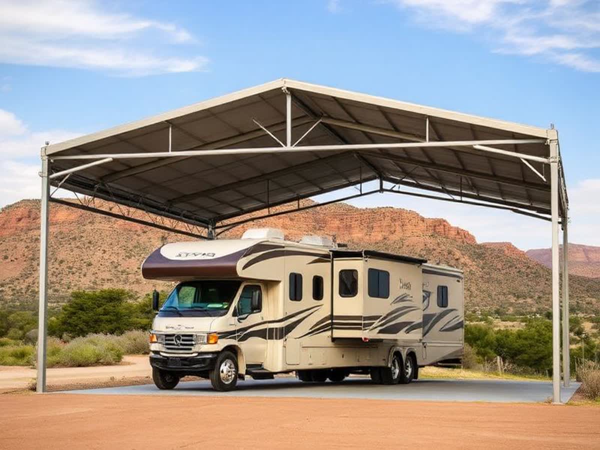 Custom RV cover built by LR Mobile Welding, Hill Country TX